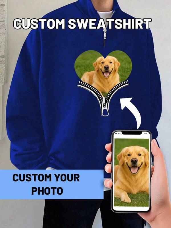 Plus Size Customized Zip-Up Hoodie For Men, Heart Print, Can Add Pet Photo Or Image, Loose Casual Sweatshirt, Fall, Long Sleeve Top