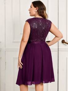 Plus Sleeveless Sequin Contrast Chiffon Ruffle Trim Hem Formal Party Swing Dress Semi Formal Dress, For Wedding Guest, Birthday, Graduation, Homecoming - Maroon - View 2
