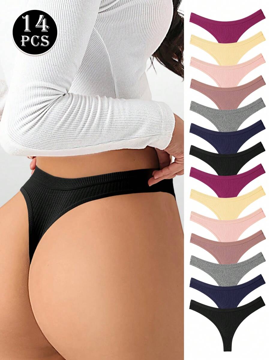 14 Pieces Of Women's Underwear Low Waisted Cotton Thong - Soft And Breathable V-Shaped Pants, Solid Color Simple Women's Underwear, Sexy Triangle Pants, 7 Solid Color S-XL Sizes To Choose From, Ribbed Elastic Comfortable Non Transparent Casual Wear, Daily Essential, Fashionable Style, Soft And Breathable, Modern Women's - 彩色 - 查看 1