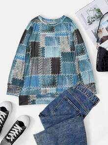 Patchwork Print Drop Shoulder Tee - Blue - View 2
