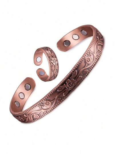 1 Set de Anillo y Brazalete de Cobre con Patrón Minimalista Vintage de Flores de Ciruelo Magnéticas, Adecuado para Uso Diario como Regalo para Amigos