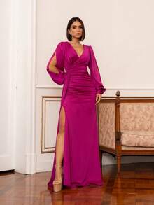 Long Slit Dress Bridesmaid Wedding Party Birthday Party Graduation Party Cocktail Formal And Evening Wedding Guest Prom - Màu Hoa hồng đỏ - Xem 5