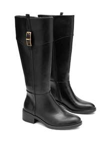 calcena Women's Classic Equestrian Knee-High Boots With A Decorative Top Cuff Strap And Gold-Tone Buckle, Elegant Riding Style With A Low Block Heel And Round Toe For All-Day Comfort - Black - View 3