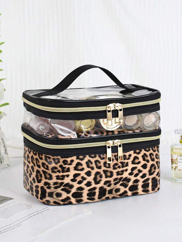 1pc Women's Cosmetic Bag, Fashion Corduroy & Leopard Print Leather Patchwork, Double Layer Travel Makeup Bag, Toiletry Pouch, Ideal Gift For Women's Daily And Holiday Use, Christmas Gifts, Pouch, Travel, Gifts For Women, Women's Travel Essential, Pouch, Clutch / Small Handbag, Makeup Organizer, Pouch, Brush Holder, Mini Pouch, Large Capacity Pouch