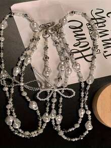 Silver Pearl Bow Rhinestone Ball Phone Lanyard, Crossbody Or Necklace Strap, Camera/Bag Charm For Women