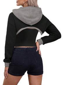 Women Crop Top Pullover Sweatshirt Long Sleeve Drawstring Hoodie - Black Brown-1 - View 5