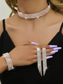 3 件套时尚性感多层水钻项链、耳环、手链、新娘珠宝配饰、短项链、圣诞礼物