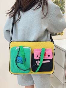 韩版多巴胺拼色 16 英寸笔记本电脑包，多功能单肩斜挎包，大容量，方便通勤，休闲拼色背包女士秋季大学必备笔记本电脑包女士 书包笔记本电脑套返校 - 黑色 - 查看 10