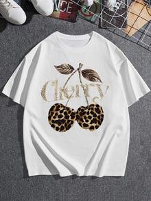 Camiseta de mujer de moda, estampado artístico de leopardo y cereza, diseño único, ajuste cómodo, top de estilo casual, artículo de moda, esencial de guardarropa, de gran tamaño. - Blanco - Ver 3