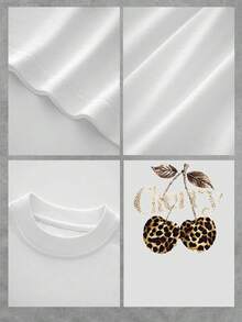 Camiseta de mujer de moda, estampado artístico de leopardo y cereza, diseño único, ajuste cómodo, top de estilo casual, artículo de moda, esencial de guardarropa, de gran tamaño. - Blanco - Ver 4