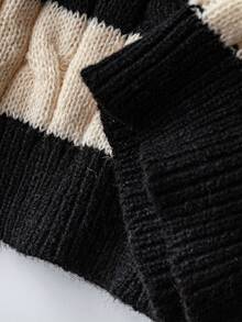 女士休闲条纹V领绞花针织套头毛衣，长袖宽松针织衫，适合日常穿着、返校季、街头风，Y2K秋冬黑色 - 黑色 - 查看 6