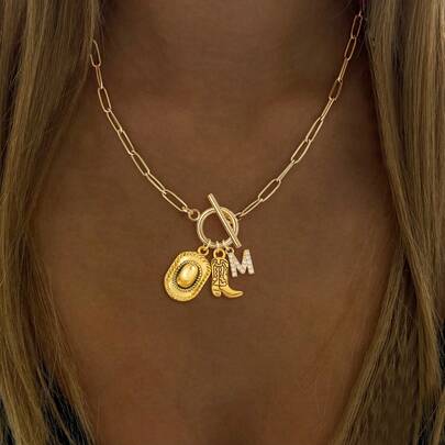 1 pieza Colgante de sombrero vaquero y bota de estilo vintage clásico con cierre de palanca de acero inoxidable dorado y cadena de clip de papel para mujeres