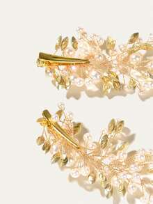 Set de 2 pinzas para el cabello de mujer con perlas falsas, cristales de proteína y rhinestones, accesorios para el cabello de novia y boda, pinzas de garra, pasadores para el cabello, barrettes, accesorios para la cabeza, horquillas, para verano, vacaciones, viajes, festivales, fiestas - Dorado - Ver 3