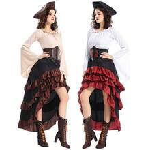Halloween Costume, Medieval Irregular Pirate Queen Waistband, Lotus Leaf Long Skirt, Navigator Cosplay Costume - 白色上衣+裙子+腰封 - 查看 5