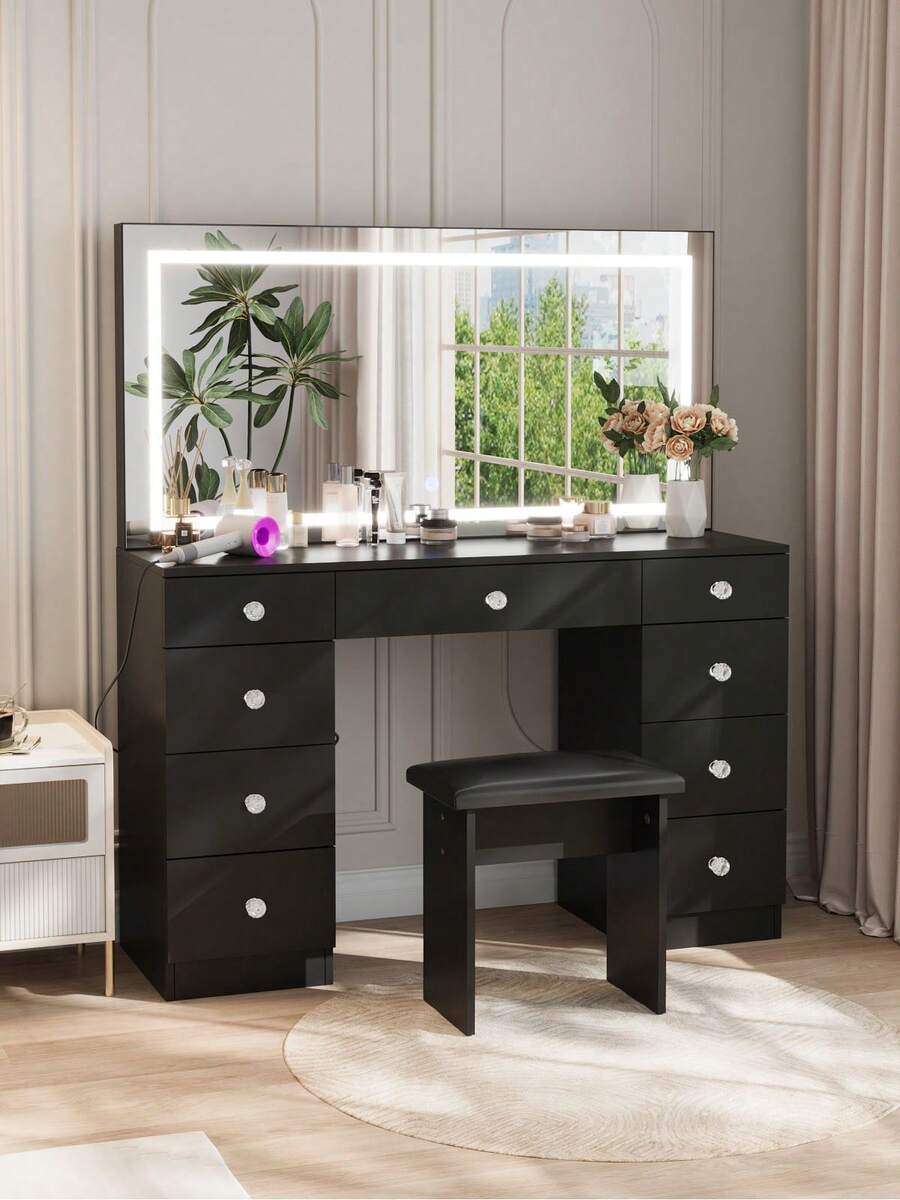 VOWNER 47.2" Large Vanity Desk With LED Lighted Mirror, Modern Makeup Vanity With Power Outlet, 9 Drawers And Soft Stool, 3 Color Light Modes, Brightness Adjustable, Bedroom Vanity Set Gifts For Girls Women, Halloween & Thanksgiving - 查看 1