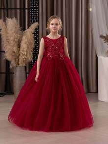 少女勃艮第手工串珠亮片装饰 V 领优雅派对礼服，公主裙适合女孩生日派对、宴会、舞会、花童婚礼伴娘礼服、节日庆典 - 酒紅色 - 查看 8