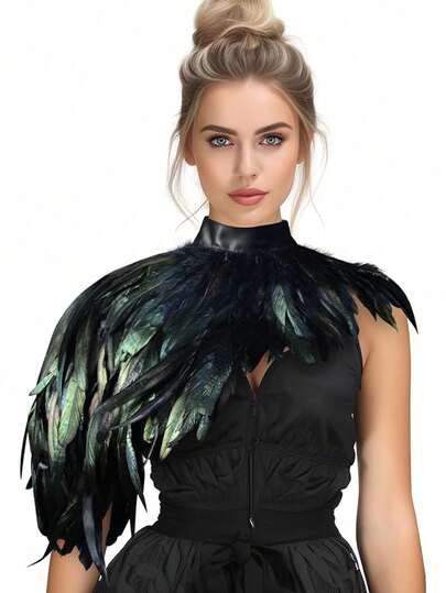 Feather Cape Shawl Costume Black Witch Wings Collar Adult Crow Neck, Halloween