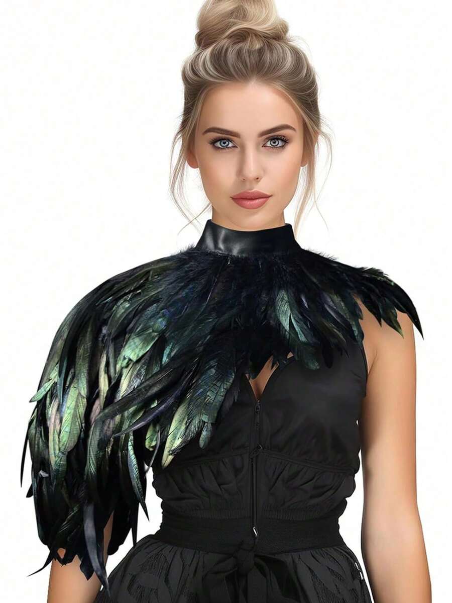 Feather Cape Shawl Costume Black Witch Wings Collar Adult Crow Neck, Halloween - Multicolor - View 1