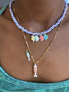 彩色鱼吊坠串珠彩色不锈钢链项链时尚优雅项链女士珠宝节日配饰