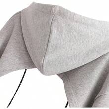 Women Crop Top Pullover Sweatshirt Long Sleeve Drawstring Hoodie - Gray - 查看 6