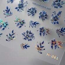 Shimmering 3D Floral Nail Art Stickers - Self-Adhesive, Unscented Glitter Decals For Easy DIY Manicures, Iridescent Blue & Purple Flower Designs, Perfect For Plastic Surfaces, Nail Stickers - Màu xanh lam - Xem 5
