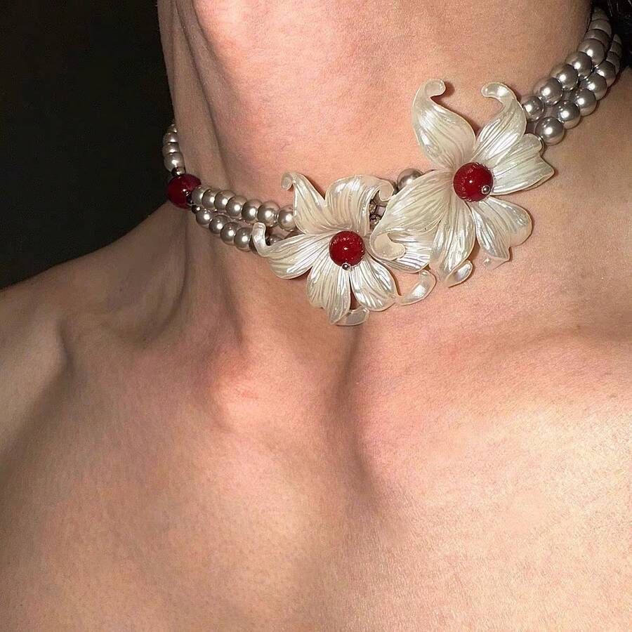 Flower On Neck ~ Special-Interest Design Iris Tectorum Flower Silver Pearl Necklace Men's And Women's Same Choker Clavicle Chain - Thánh giá ngọc trai #XL188 - Xem 1