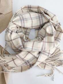 1 Piece Of Plaid Tassel Warm Casual Simple Knitted Women's Scarf Neck Scarf Couple Neck Scarf Suitable For Autumn And Winter Use - 靚麗格子米色 - 查看 5