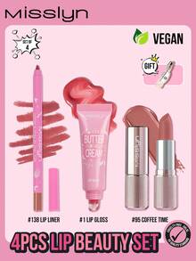 MISSLYN-4Pcs Lip Beauty Set, Butter Cream Lip Balm, Cream Crush Lipstick,Matte & Stay Lip Liner, Matte And Stay Lip Liner, Lip Oil In Lip Gloss, Lip Oil In Lip Care,