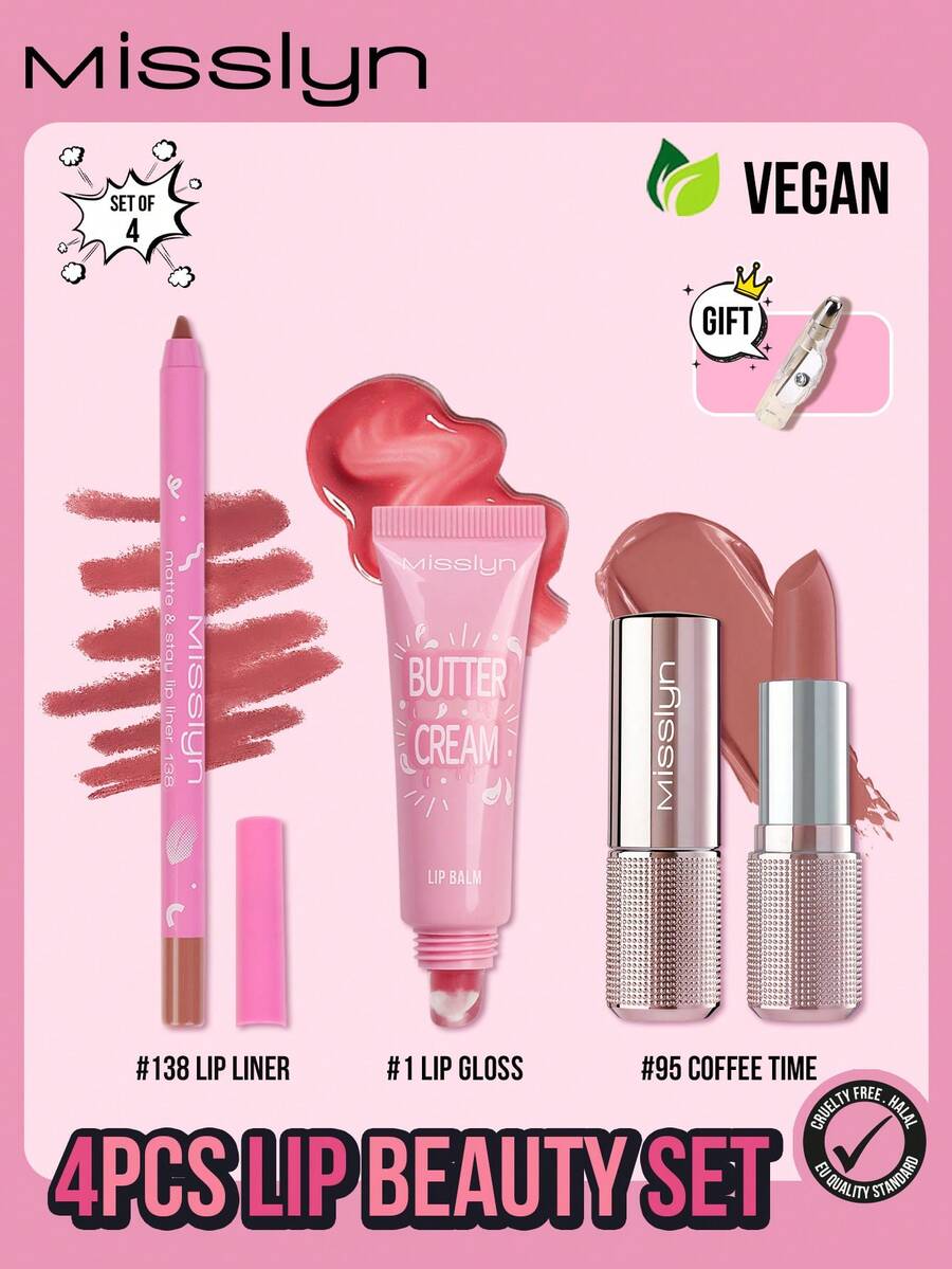 MISSLYN-4Pcs Lip Beauty Set, Butter Cream Lip Balm, Cream Crush Lipstick,Matte & Stay Lip Liner, Matte And Stay Lip Liner, Lip Oil In Lip Gloss, Lip Oil In Lip Care,