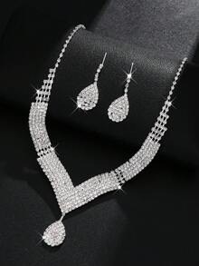 3pcs Women's Rhinestone Waterdrop Necklace, Earrings & Bracelet Set, Elegant Bridal Jewelry For Wedding Season Valentine's Day Accessories - Silver - View 3