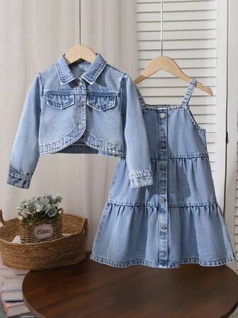 Set de 2 piezas: Chaqueta de mezclilla casual y vestido de tirantes de mezclilla para niñas, adecuado para uso diario, nueva llegada de otoño/invierno