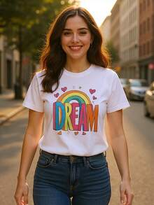 Vibrant DREAM T-Shirt  Rainbow Heart Graphic   Motivational Quote Shirt  Posit Message Top  Colourful Block Letters  Uni Gift - Blanco - Ver 1