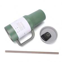 40 fl oz con asa y tapa con popote, botella de agua reutilizable de acero inoxidable, aislada, de viaje, apta para portavasos, regalo unisex - Azul - Ver 2