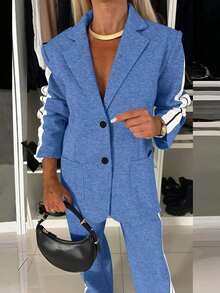 两件套女士舒适套装，翻领休闲条纹工作办公阔腿裤长袖上衣，时尚优雅的春季通勤装，休闲日常套装 - 藍色 - 查看 6