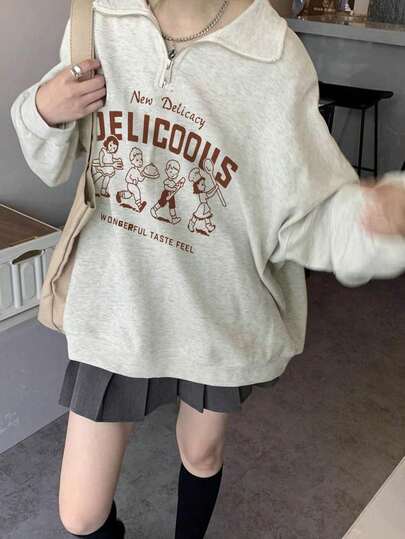 2025 女款口号卡通印花拉链落肩长袖休闲宽松卫衣