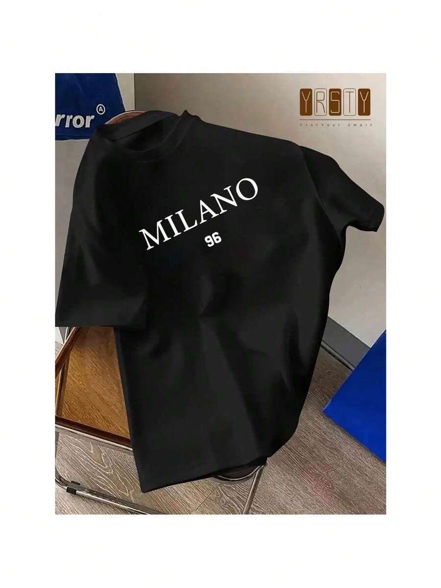 MILANO Men's Comfy 96 Print Crew Neck Short Sleeve T-Shirt - Casual Tops For Daily Wear - Men's Fashion & Gift, Summer Fashion Top For Men Birthday/Festival/School/Travel Gifts - 黑色 - 查看 1