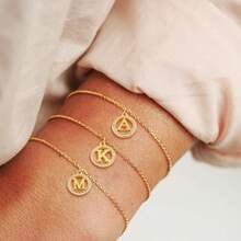 1件简约经典密镶锆石圆形字母吊坠不锈钢链手链，女士款 - 金黃色 - 查看 1