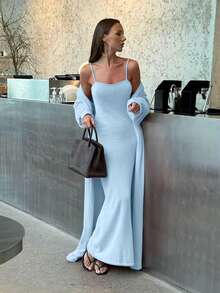 2026春夏新款女装纯色休闲优雅街头返校季罗纹吊带修身垂褶长款连衣裙搭配长袖开衫两件套，女士休闲装、情人节连衣裙、派对连衣裙、春季女装、Y2K风格、邮轮度假装、演唱会服装、节日服装、度假服装、街头服饰 - 淺藍色 - 查看 2