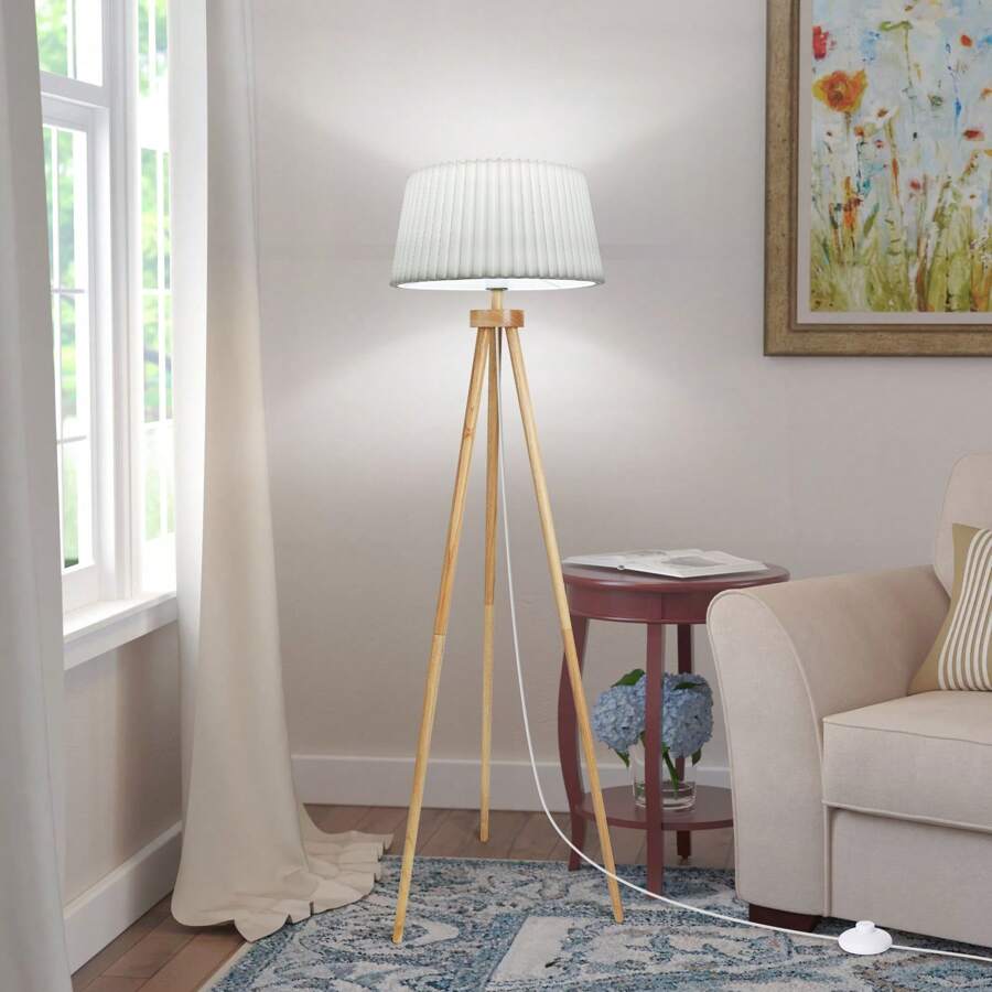 客厅落地灯，LED落地灯，三脚架，复古木质，带褶皱亚麻灯罩和脚踏开关，优质实木，斯堪的纳维亚风格，白色，不带灯泡