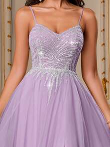 VIPGIRL 女士亮片网眼性感开衩细肩带连衣裙，优雅晚礼服 - 淡紫色 - 查看 8