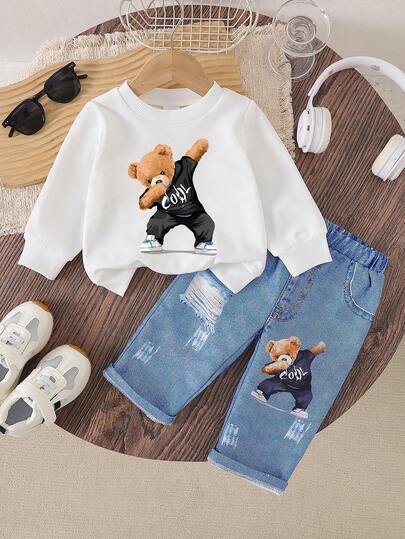 2 pezzi Set di felpa e pantaloni casual e carini per bambini/bambine con stampa grafica di orsetto, comodo per l'estate