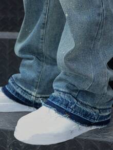 Flared Jeans, Stretch Denim Jeans, Skinny Jeans, Distressed Washed Denim Jeans, Versatile & Fashionable Cotton Product, Slant Pockets Washed Denim - Blue - View 8