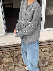 Solid Color Round Neck Loose Fit Bowknot Cardigan For Women, Autumn/Winter - Grey - View 8