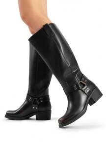 Women's Motorcycle Boots Side Zipper Knee High Boots Square Toe Chunky Low Heel Buckle Decorated Biker Fashion Stylish Riding Boots Festival Dresses For Woman - Rỉ Nâu - Xem 6