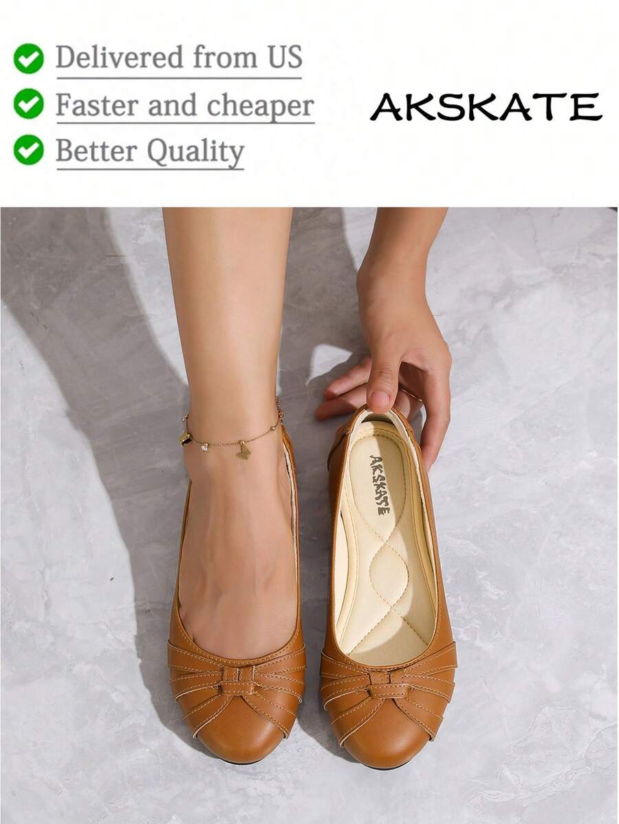 Comfy 3-Layer Insole Flats: Easy Slip-On For Work & Play Sporty    Splicing    Home - Brown - View 1