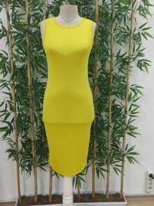 Women Bodycon Midi Length Diving Dress, 17481 - Yellow - View 6