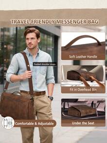 NEWHEY 15.6 Inch Men's Genuine Leather Messenger Bag, Vintage Briefcase, Large Capacity Laptop Bag, Shoulder Bag Suitable For University, Work, Business, Office - Brown - View 6