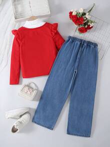 2pcs/Set Girls Casual Long Sleeve Top And Butterfly Print Blue Straight Leg Jeans Pants Outfit, Autumn/Winter New Arrival - Multicolor - View 2