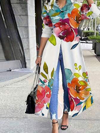 Keke Bloomly 秋季畅销时尚油画印花随机图案休闲/办公室女士长袖开衫，前扣装饰，A 字宽松大码连衣裙，圣诞节