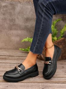 Women's Autumn/Winter New Comfortable Thick Sole Casual Daily Commute Black Matte PU Versatile Flats, Fashionable School Style Slip-On Chain Decor Flat Loafers For Students - Black - View 6